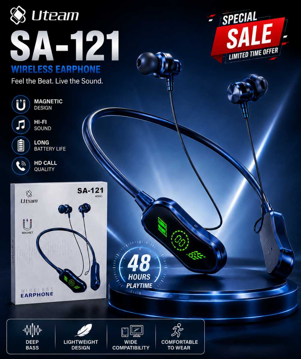 Uteam SA-121 Wireless Neckband Earphones – Bluetooth Magnetic Earbuds with 48 Hours Battery & Hi-Fi Sound
